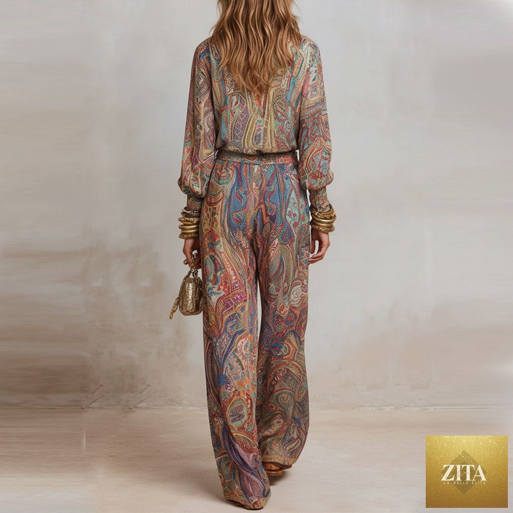 Women's Paisley Print Deep V Fringe Blouse & Wide-Leg Palazzo Pants Set