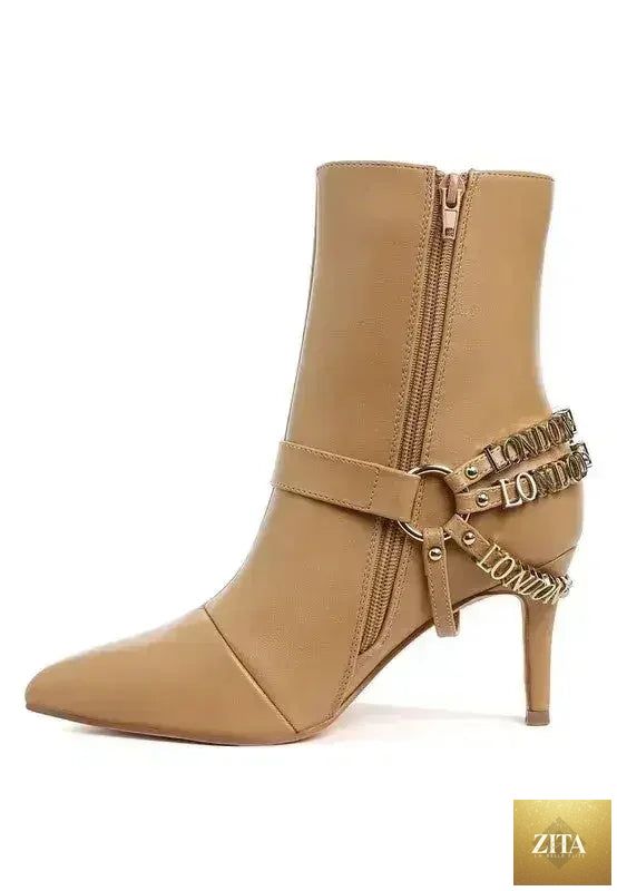 Femstylo buckle harness stiletto boots with 3-inch heels, stylish footwear featuring a sleek design and ankle strap detail.
