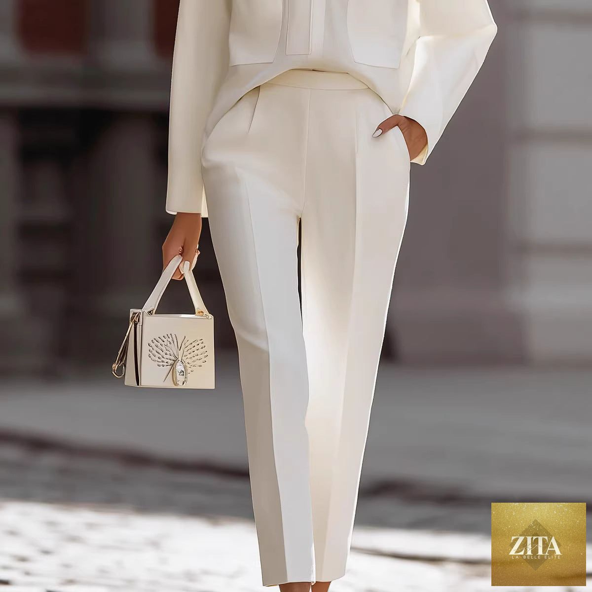 Zita La Belle Elite women's urban commuter casualwear set with long-sleeve top and pants featuring pockets, in a stylish, relaxed fit.