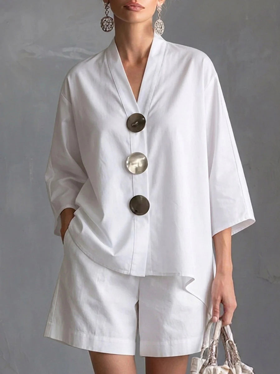 Women's Solid Color 3/4 Sleeve Top & Shorts Two-Piece Set