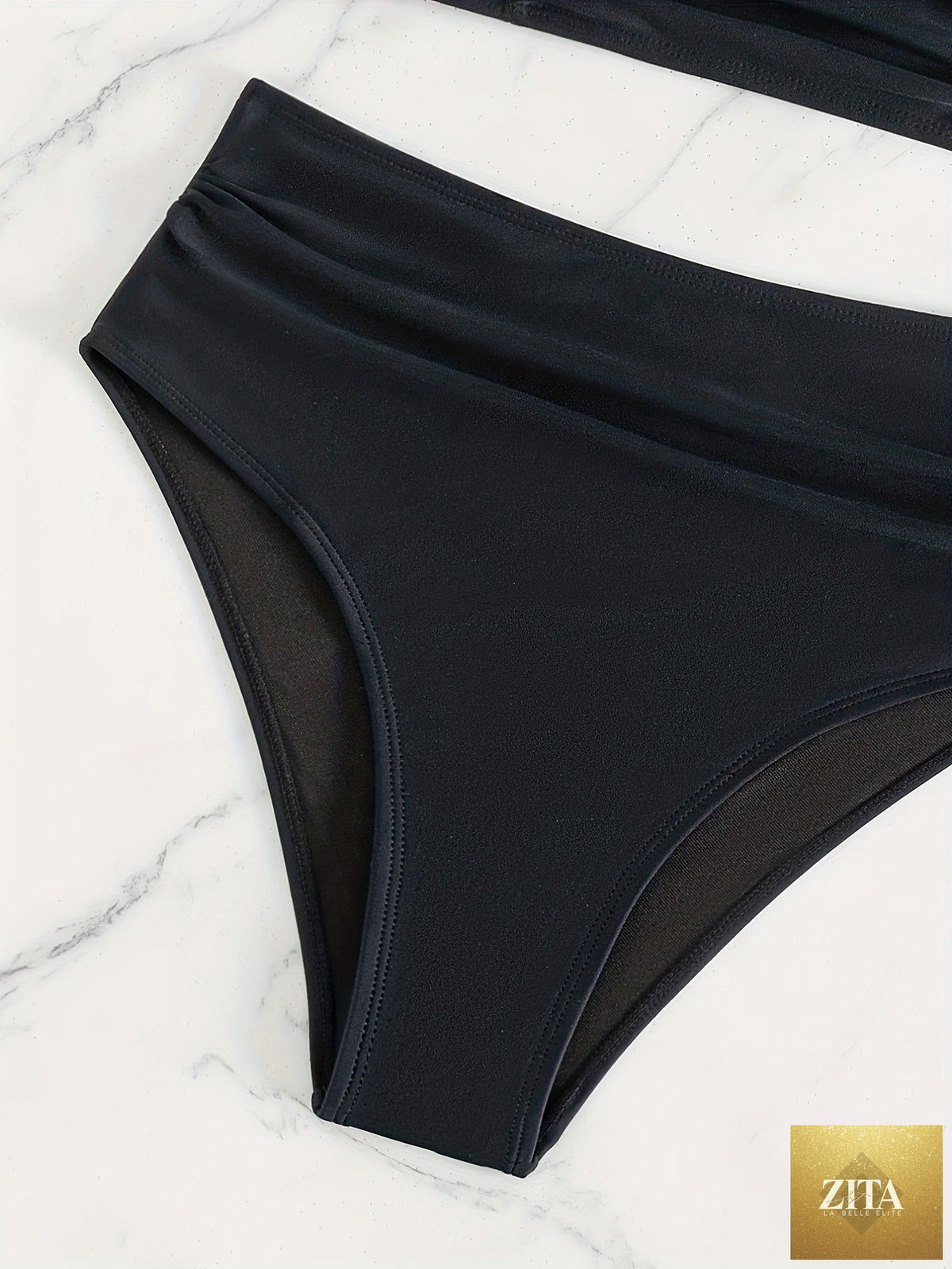 Stevvex black bikini set with twist front, high waist, ruched tummy control, cross straps, and V-neck for summer beach or pool use.