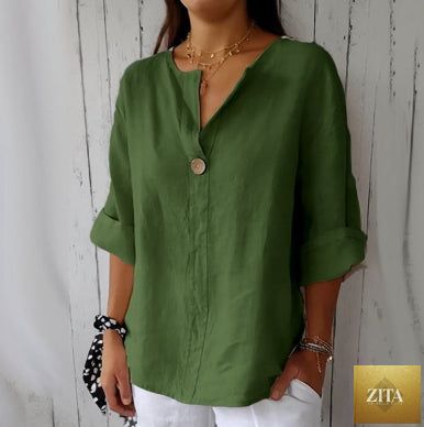 Women's loose fit V-neck long-sleeve button top by Zita La Belle Elite, casual blouse in soft fabric, shown on model.