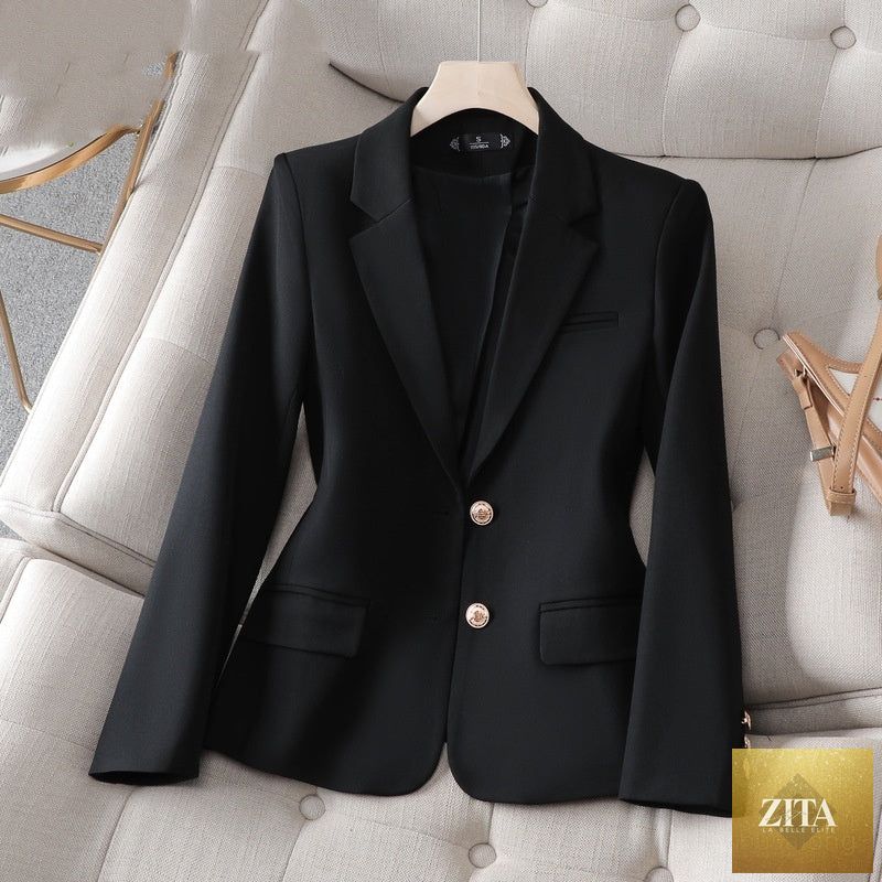 Zita La Belle Elite professional women's suit with formal coat and overalls, tailored fit, in classic dark color.
