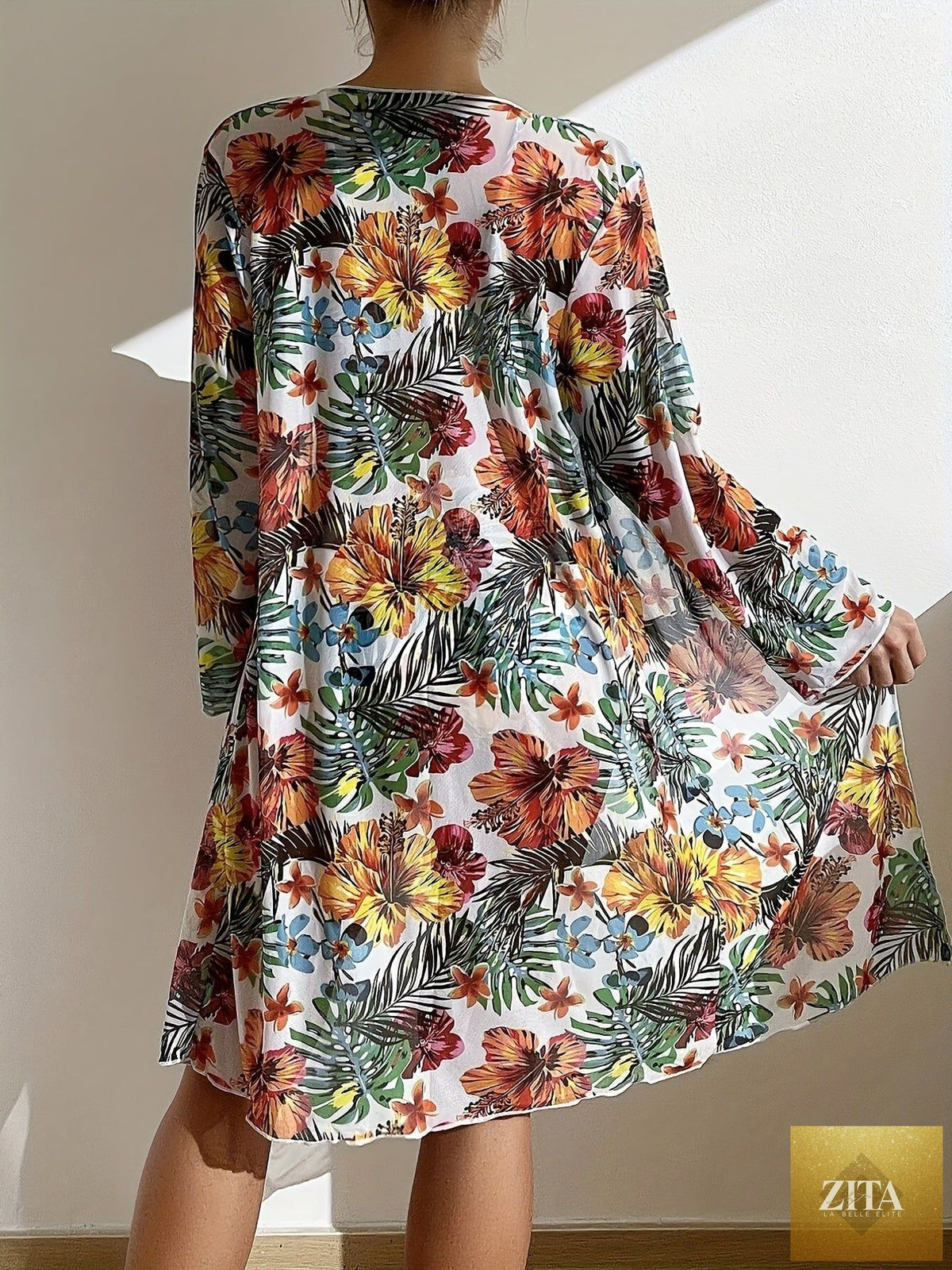 Stevvex Tropical Bloom 3-piece swimsuit set with high waist floral bikini, crew neck top, spaghetti straps, and matching long sleeve cover-up.