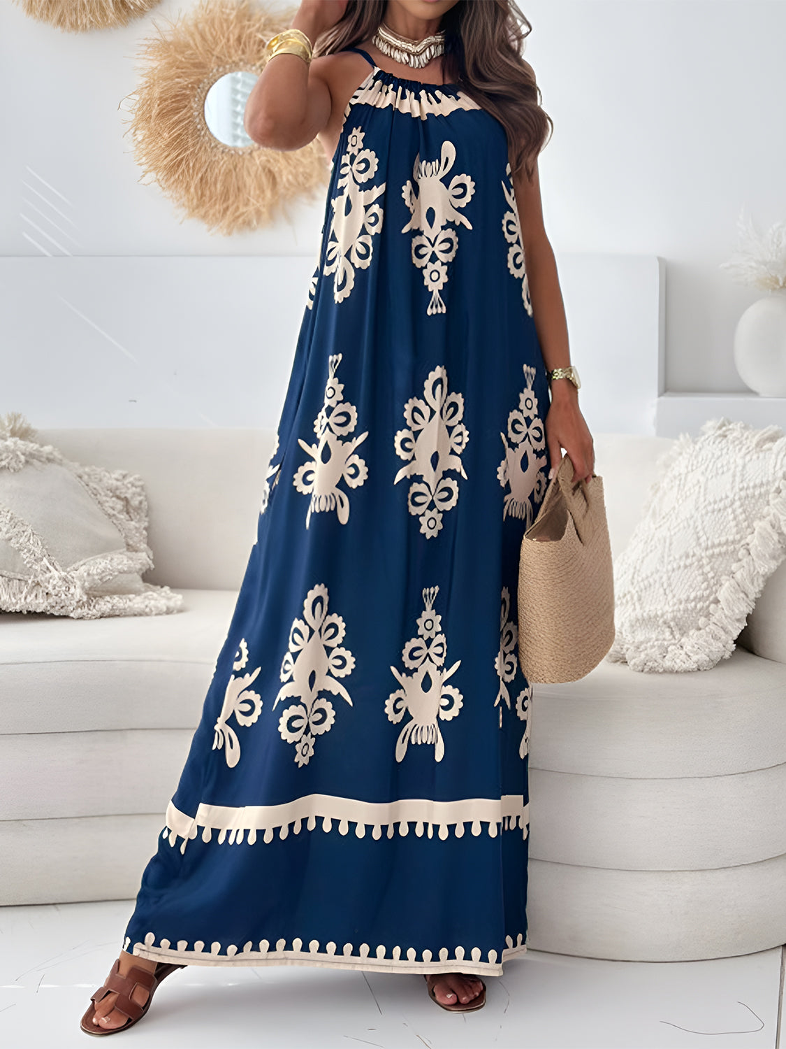 Stevvex women’s printed spaghetti strap sleeveless maxi dress, elegant summer dress with vibrant patterns and flowing fabric.
