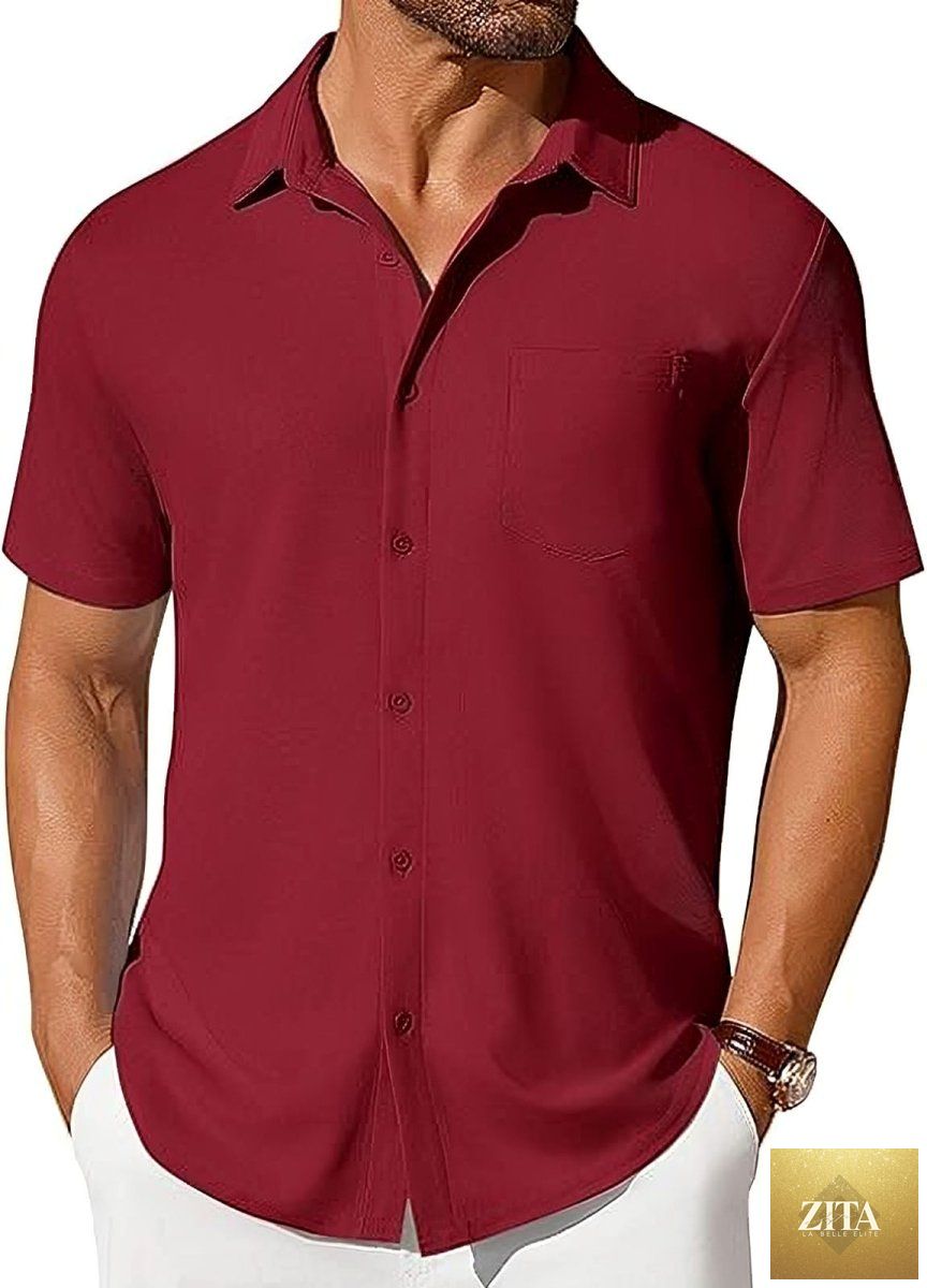 Mandotos men's short-sleeve button-up shirt with wrinkle- and crease-resistant fabric, displayed on a hanger.