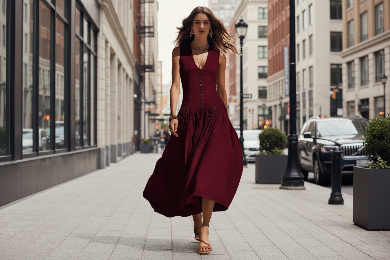 Sleeveless V-Neck Button Dress – Elegant Cotton-Linen Maxi Dress