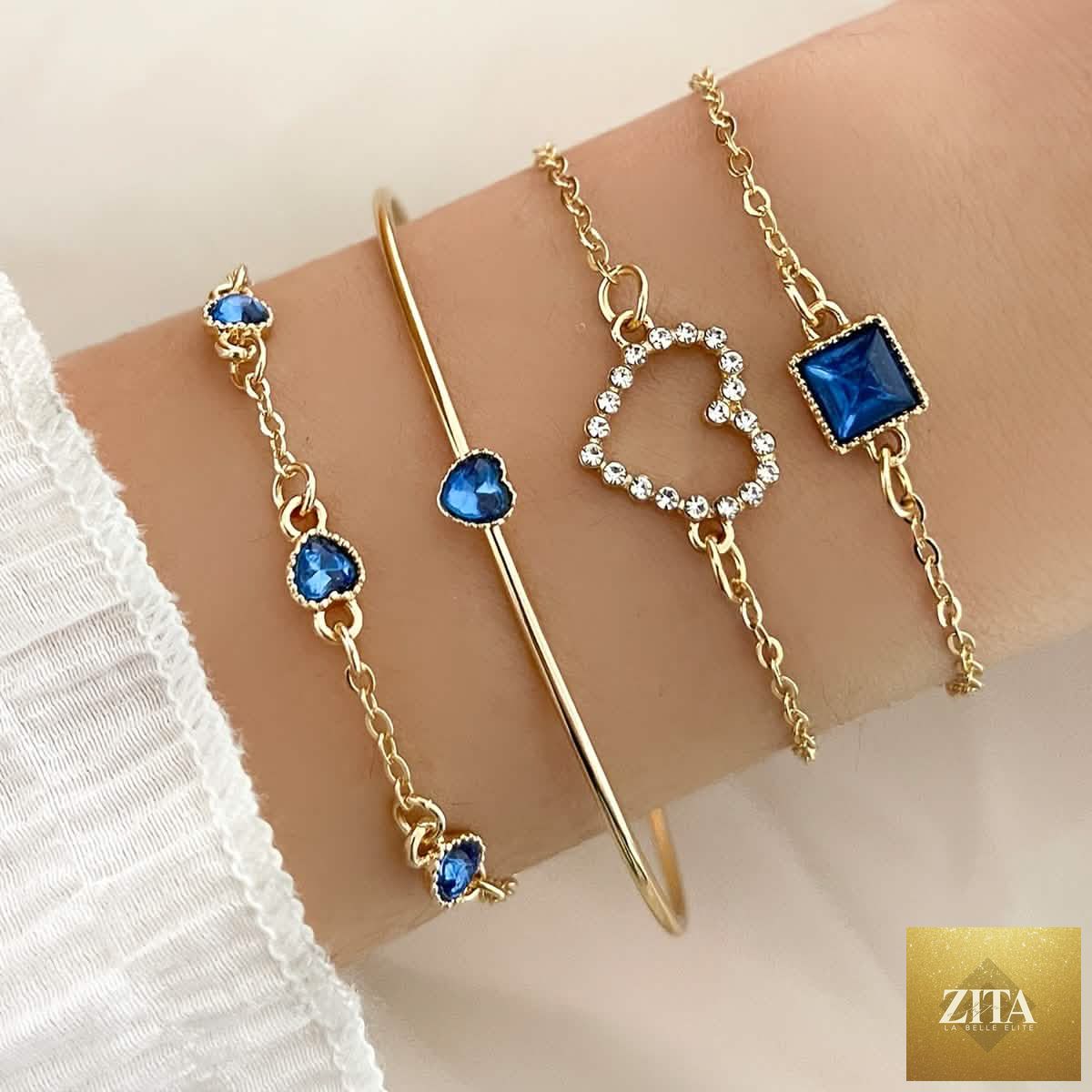 Set of four rhinestone alloy bracelets featuring minimalist heart and square designs, jewelry accessories for women.