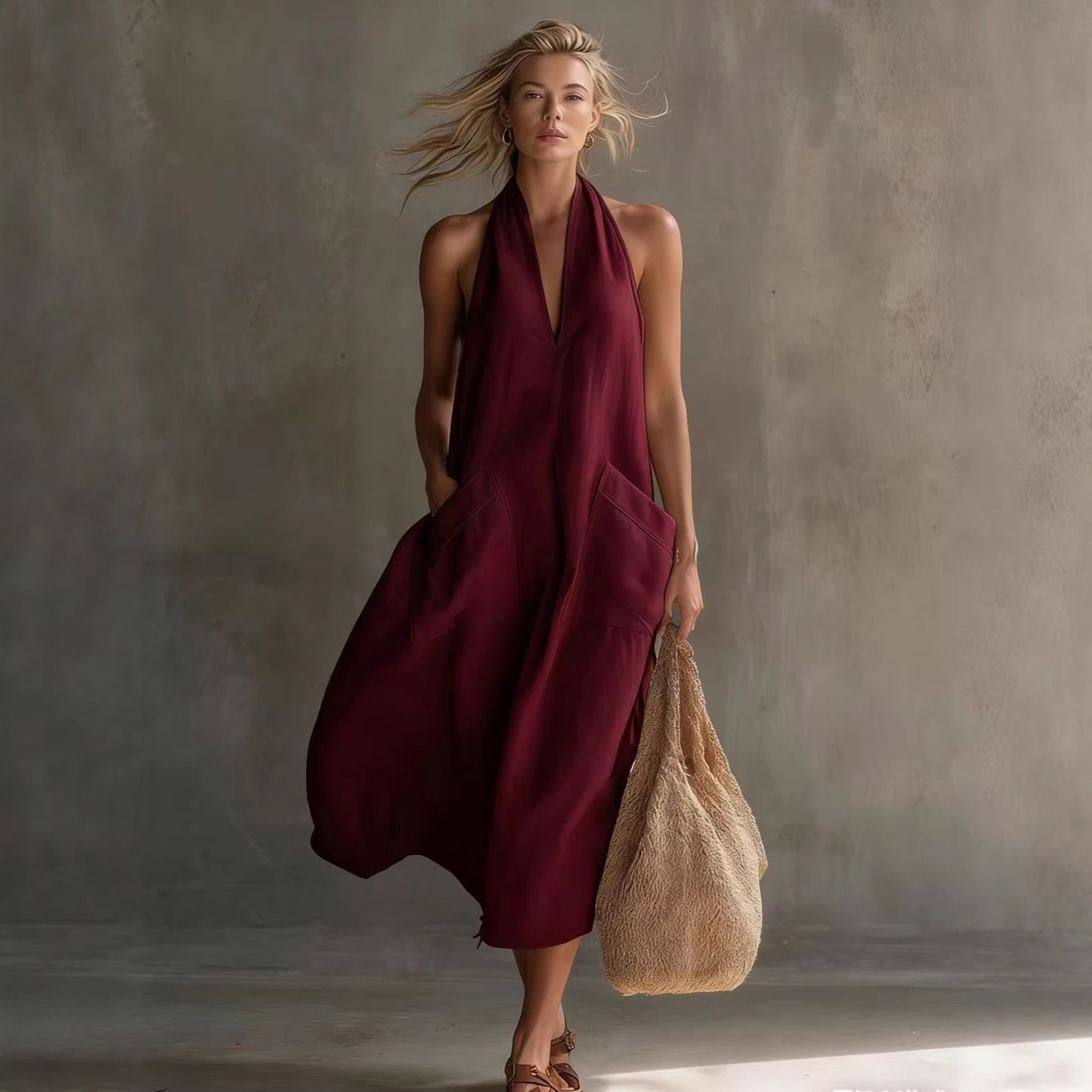 Women's retro V-neck slip dress by FitiqueFit, sleeveless and loose fit casualwear, shown hanging on a hanger.
