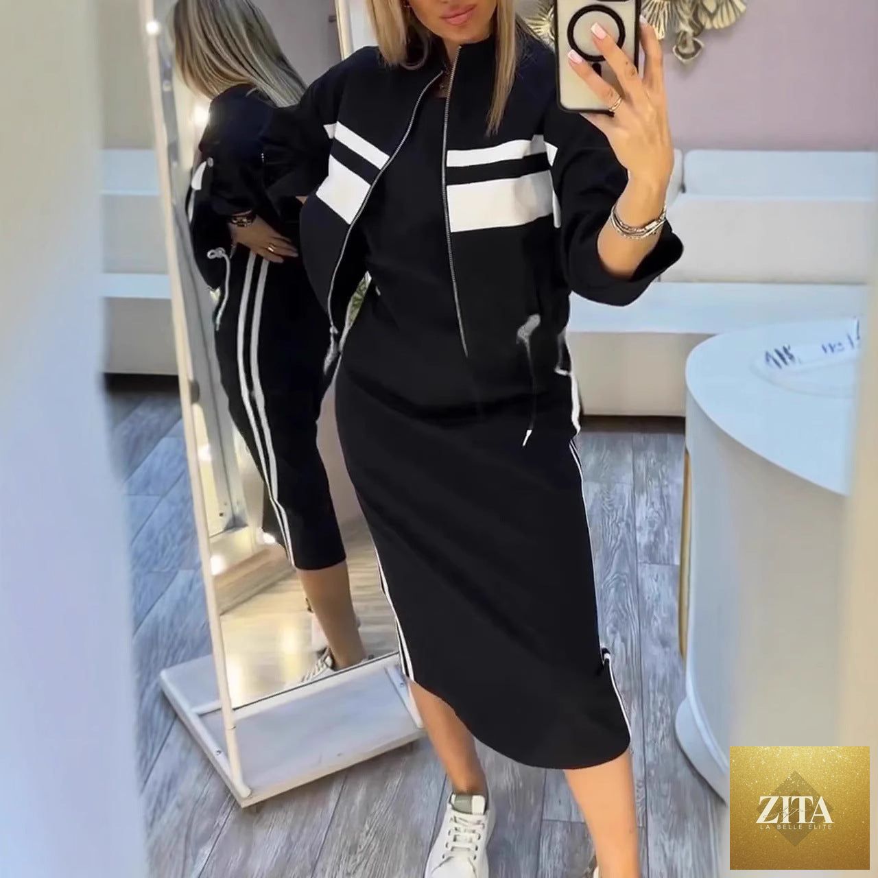Women's Zip-Up Bomber Track Jacket & Bodycon Midi Dress Set