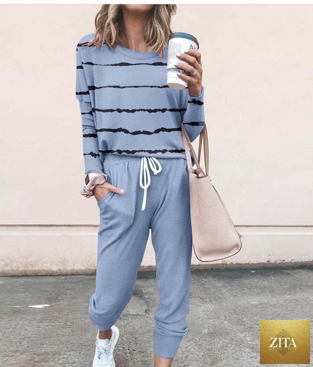 Zita La Belle Elite women's long sleeve T-shirt and pencil pants set with striped and solid loose fit design.