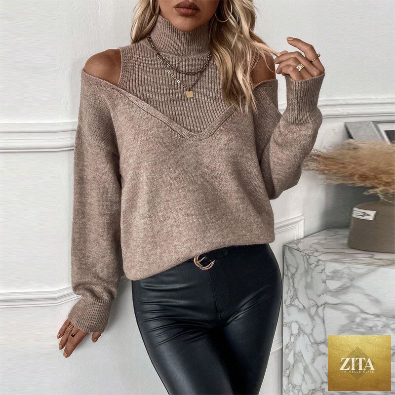 Women’s off-shoulder turtleneck sweater by FitiqueFit, long sleeve knit casualwear in a stylish, elegant design.