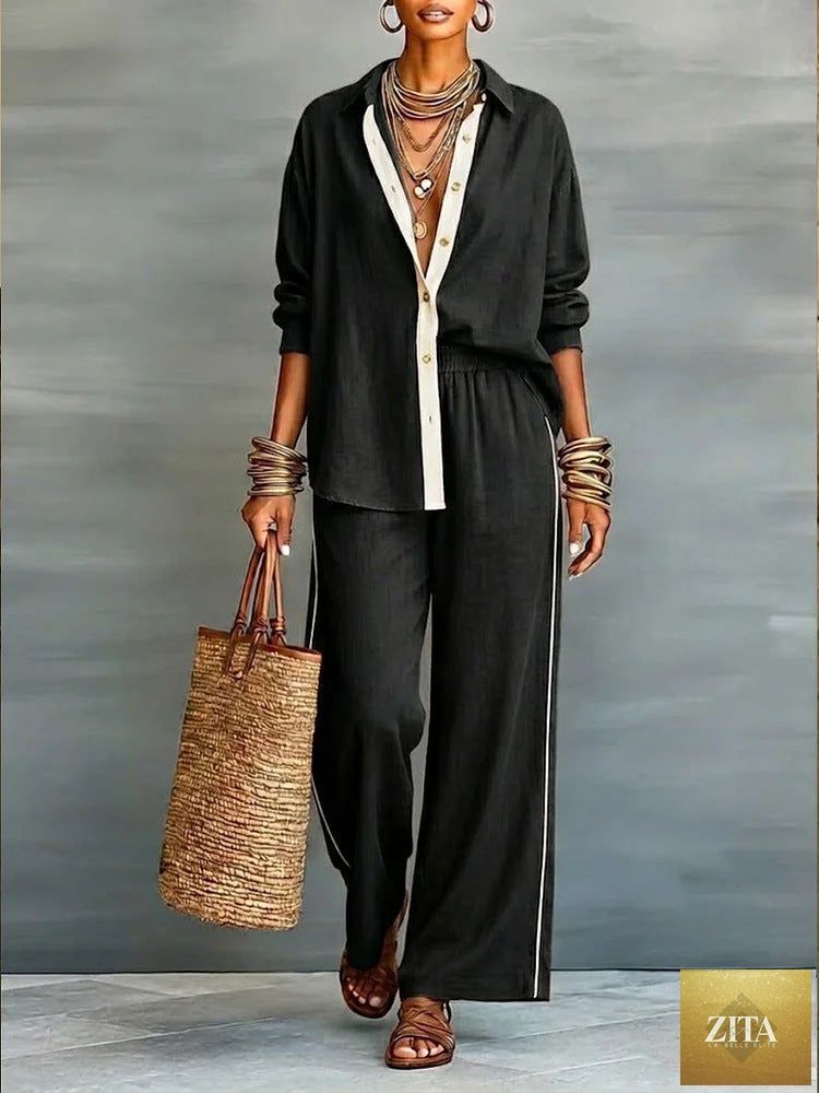 Zita La Belle Elite contrast-color long-sleeve shirt and pants set for casualwear, shown in a two-piece outfit with stylish design.