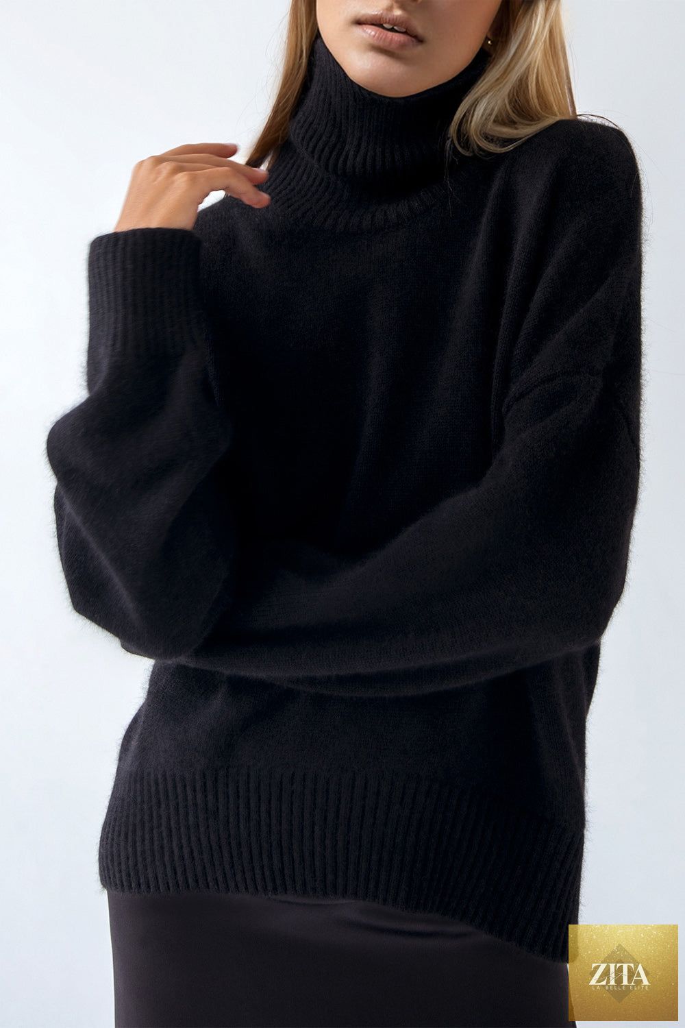ShopBasicbae basic beige turtleneck sweater with dropped shoulders and long sleeves, styled in a casual fit.