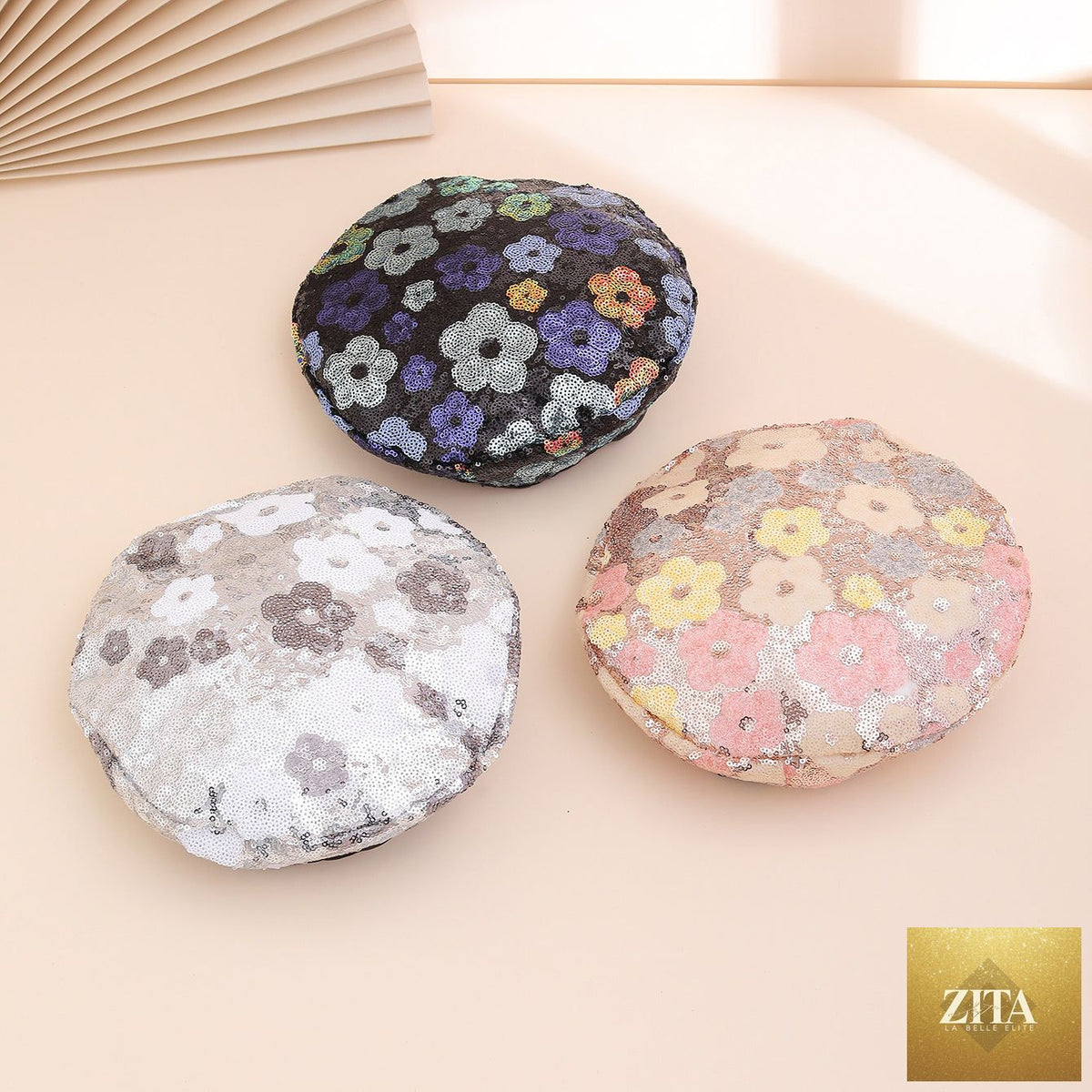 Zita La Belle Elite sequin flower beret, a stylish painter's hat for women, featuring colorful sequins and floral design.