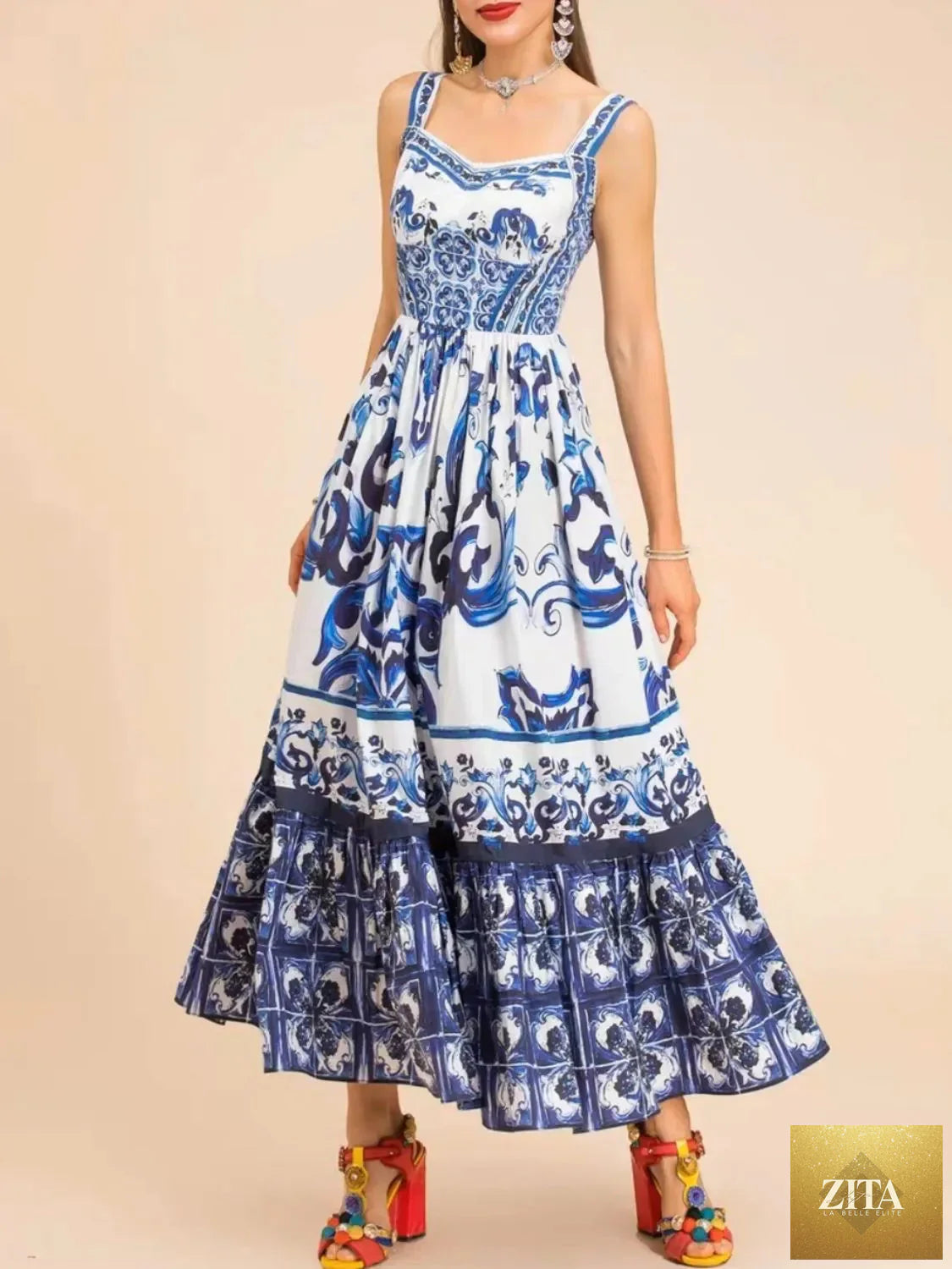 Smocked printed wide strap dress by Shopiebay featuring a flowy silhouette and vibrant floral pattern.