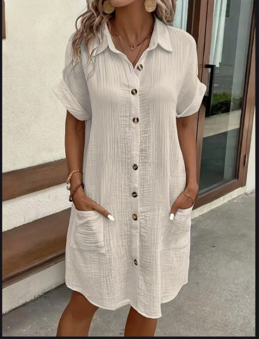Women's casual FitiqueFit loose short-sleeve midi shirt dress with button-down front, perfect for everyday wear.