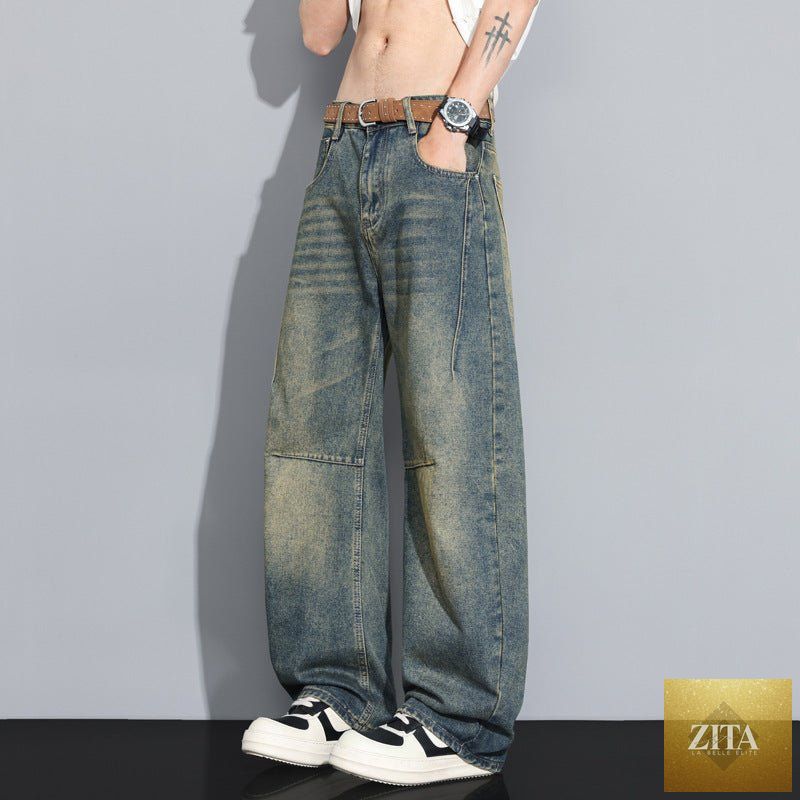 Mandotos high-street men's straight-leg denim jeans displayed on a hanger with a casual urban background.