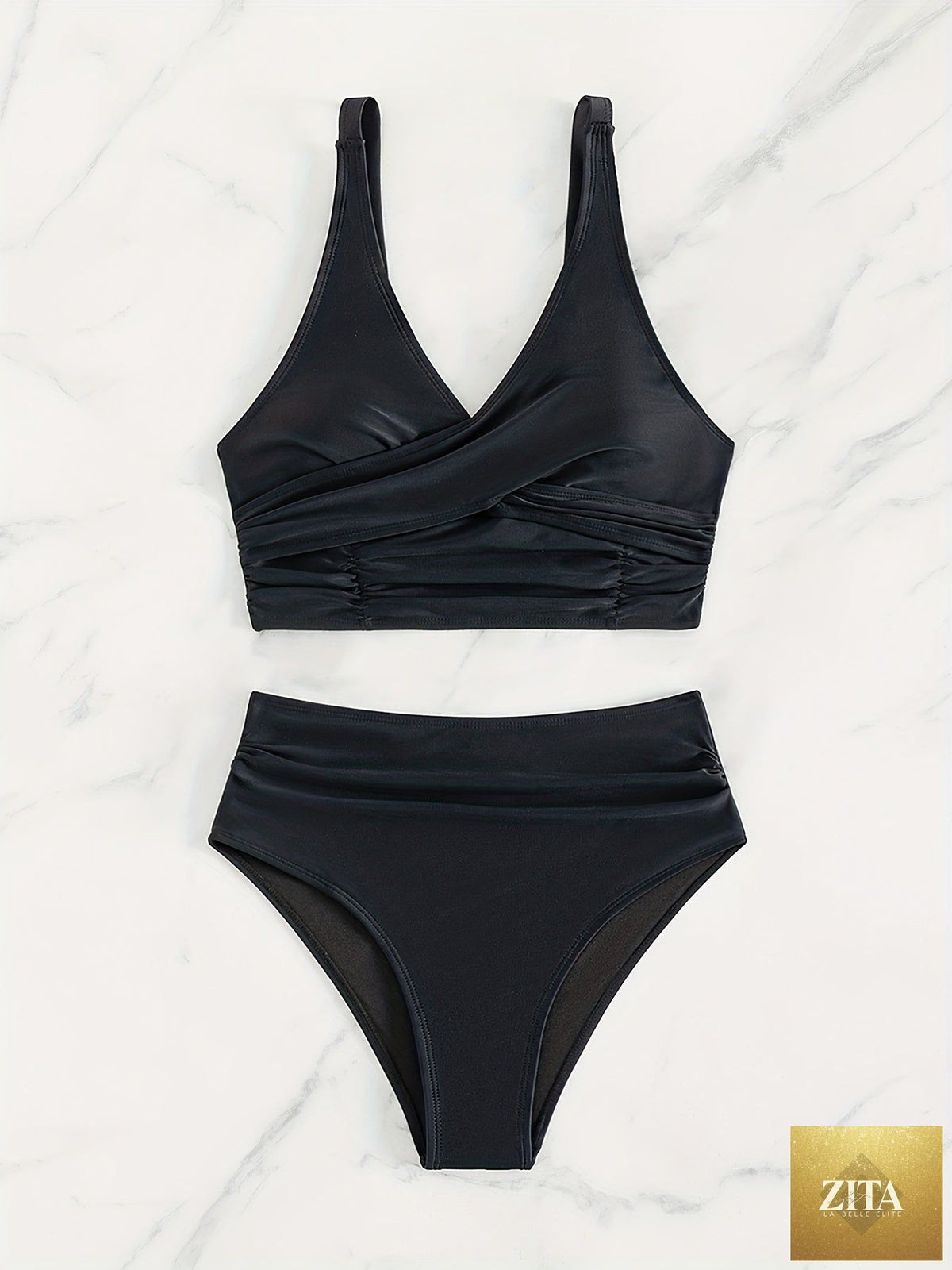 Black Stevvex bikini set with twist front, high waist, V-neck, cross straps, and ruched tummy control for women.