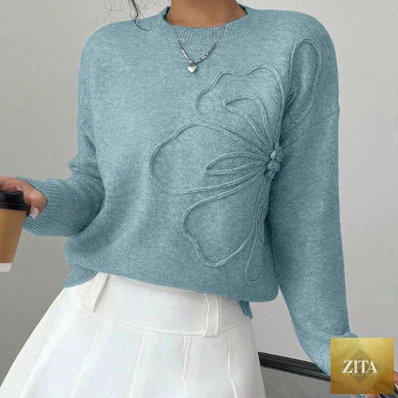 Women's floral sweater by Zita La Belle Elite featuring a crew neck, long sleeves, and a casual, elegant floral design.