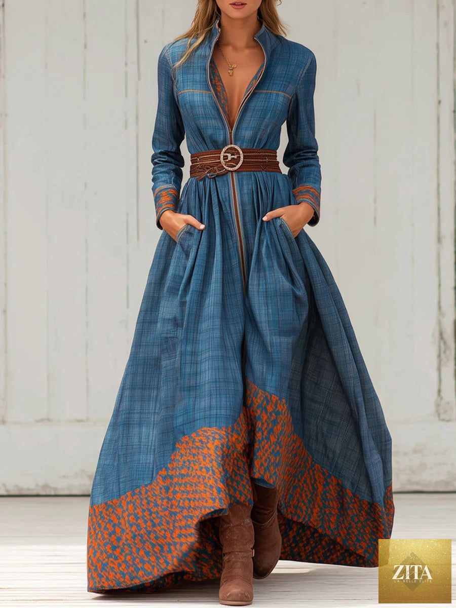 Color-blocked floral patterned stand collar long casual dress by FitiqueFit, featuring vibrant colors and a stylish stand collar.
