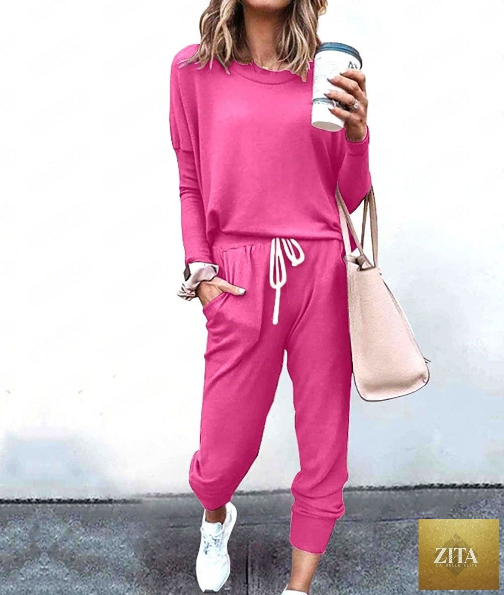 Zita La Belle Elite women's long sleeve T-shirt and pencil pants set with loose fit, striped and solid design, casual fashion ensemble.