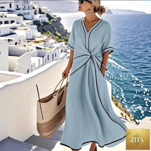 Zita La Belle Elite striped print maxi dress with short sleeves, perfect for beach vacation, flowing fabric and vibrant pattern