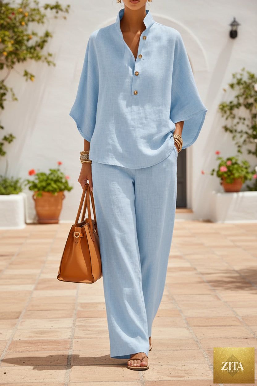 Women's linen-look stand collar batwing top and wide-leg pants set by MERIDGE, featuring a stylish and comfortable two-piece outfit.