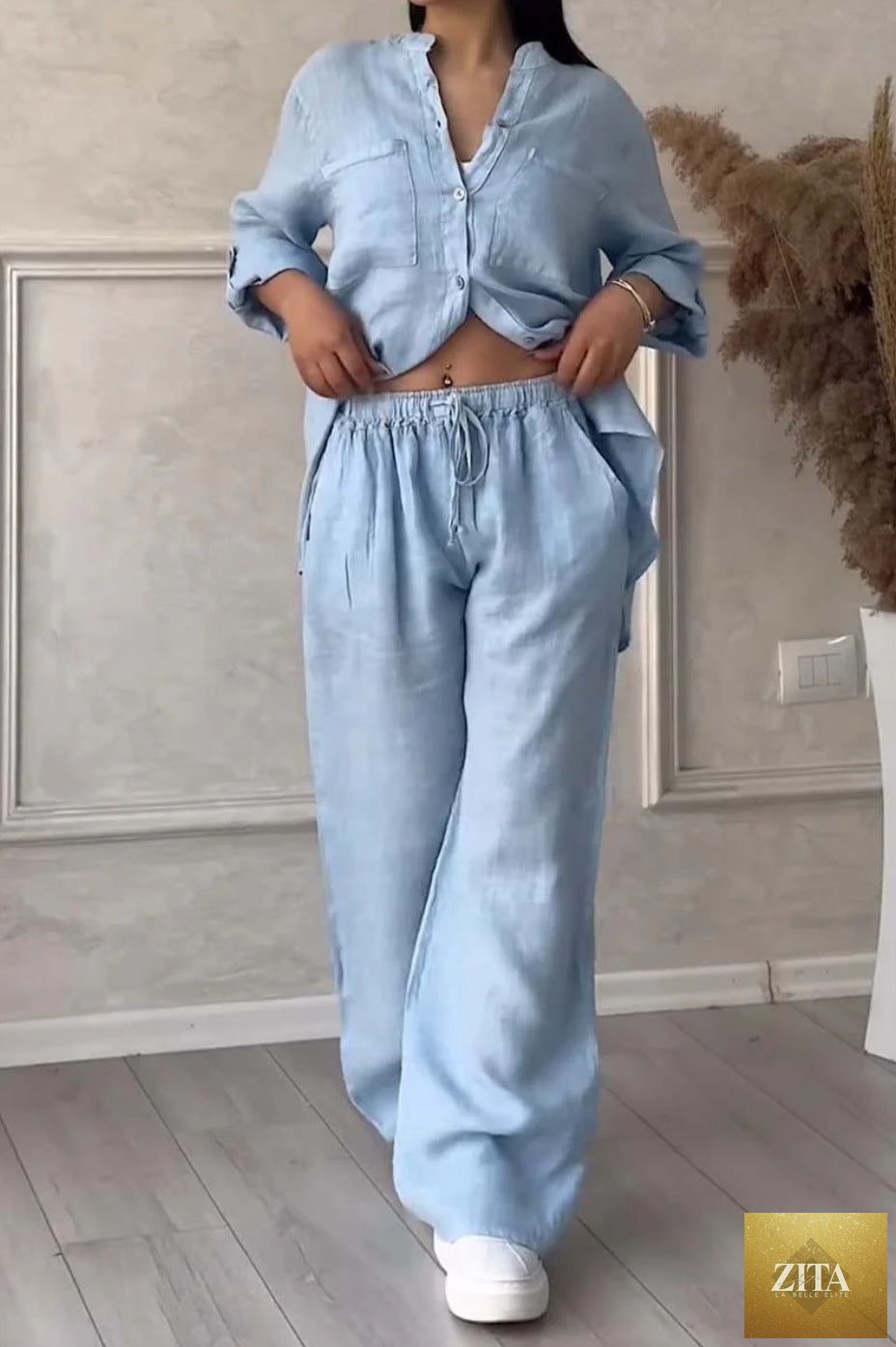 Zita La Belle Elite wide-leg pants and lace-up top two-piece set in solid color, available in 12 sizes from S to 5XL.
