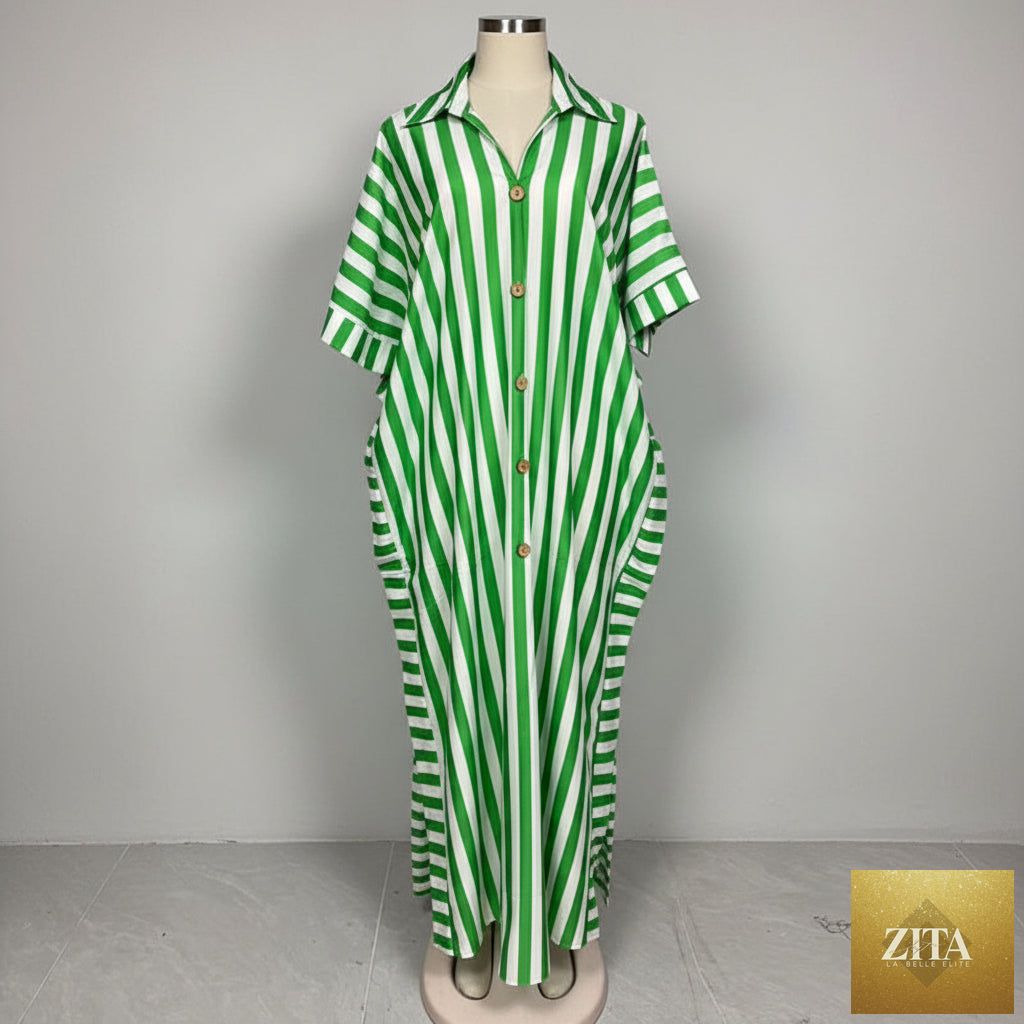 African-inspired striped loose long dress by FitiqueFit in five colors, featuring a relaxed fit and flowing silhouette.