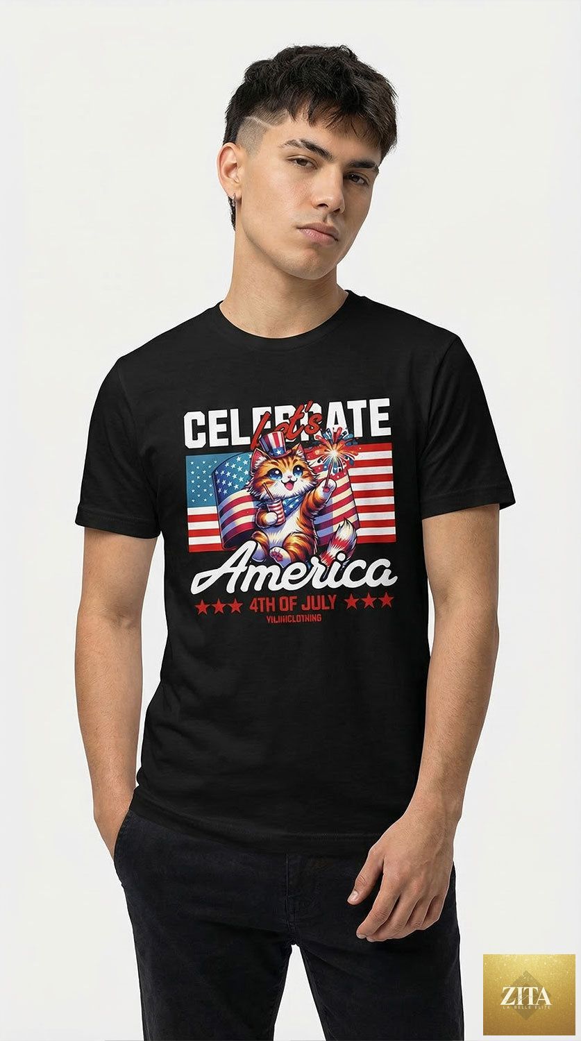 Celebrate 4th July cat T-shirt by Zita La Belle Elite featuring festive red, white, and blue patriotic cat design.