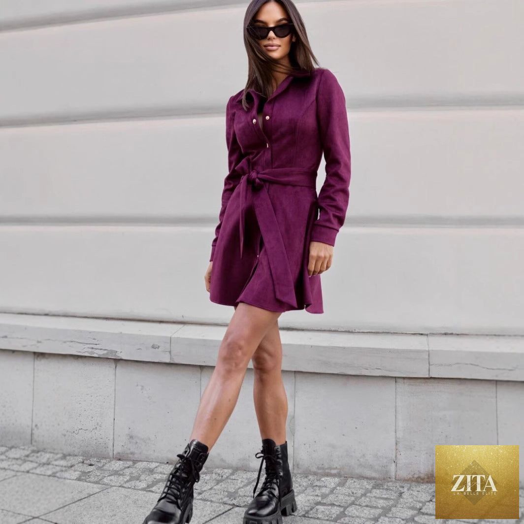 Zita La Belle Elite loose linen lace-up long-sleeve mini dress in three colors, casualwear, size S to 2XL, shown on a model.