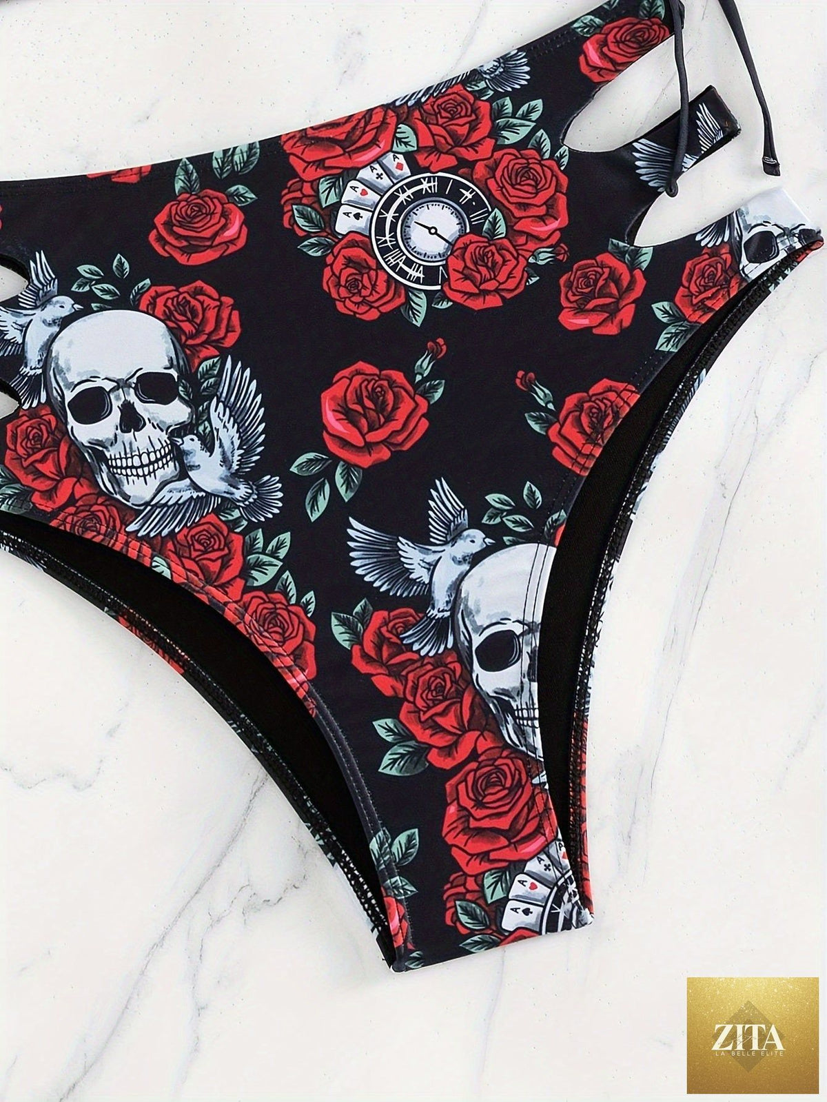 Stevvex bikini set with skull print, lace-up floral design, hollow-out style, crew neck, high stretch fabric for beach and summer.