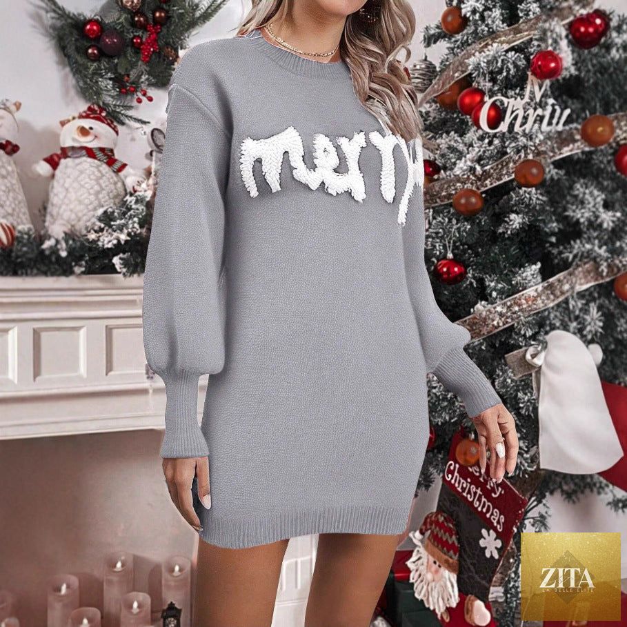 Women’s Christmas knitted round neck lantern-sleeve pullover by FitiqueFit, featuring festive knit pattern and cozy sheath fit.