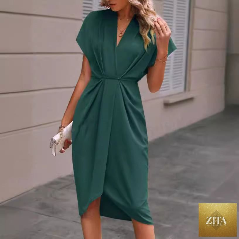 FitiqueFit pleated A-line midi dress with V-neck and sleeveless design, perfect for summer, shown in a light, flowing fabric.
