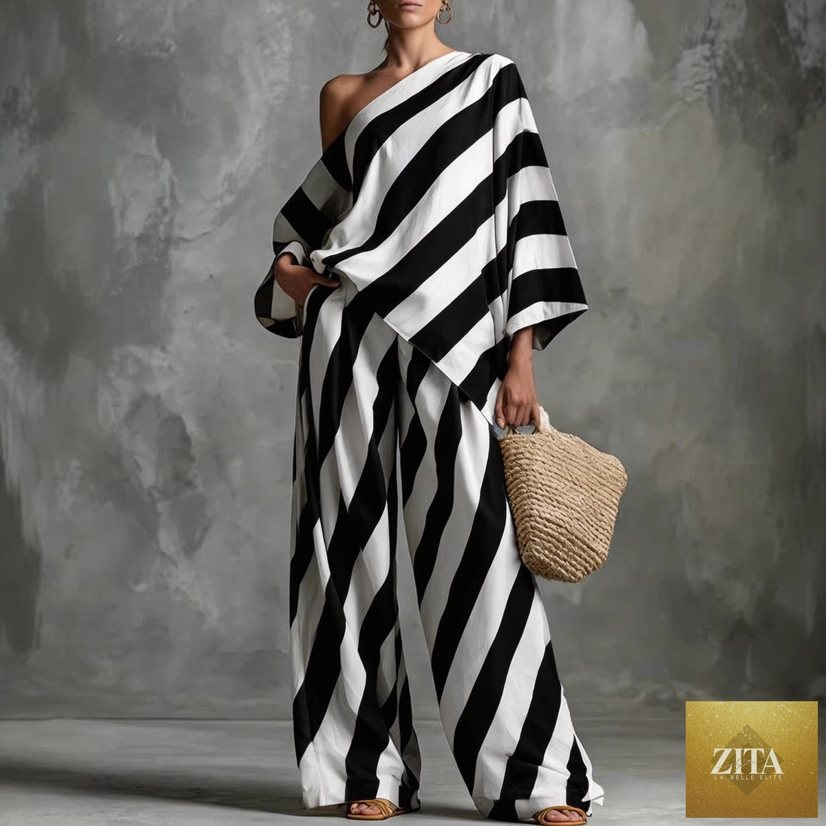 Women's retro striped batwing top and wide-leg pants set by Zita La Belle Elite, casual vintage 2-piece outfit.