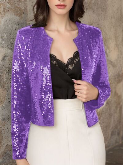 Elegant women's full-size sequin cropped jacket with open front and sparkling detail, perfect for glamorous parties by Stevvex.