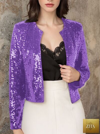 Zita La Belle Elite women's full-size sequin cropped jacket with open front and glamorous sparkle, perfect for parties.