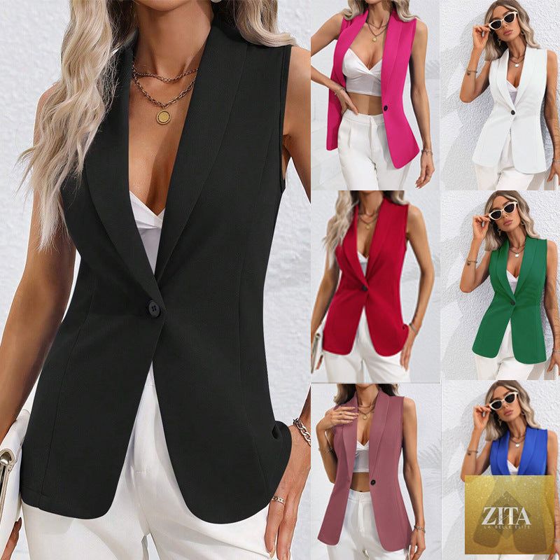 Women's sleeveless blazer jacket by Zita La Belle Elite with single button and round neck, perfect for stylish layered outfits.