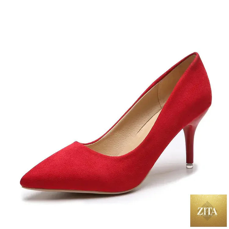 Women's suede high heel pointed shoes in beige with slim stiletto heels, stylish and elegant for formal or evening wear.