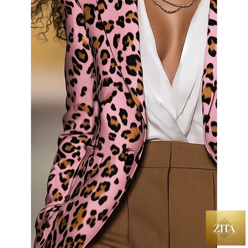 Women's pink leopard blazer from FitiqueFit, casualwear style, featuring a tailored fit with bold leopard print fabric.