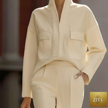 Zita La Belle Elite women's casual polyester top and pants co-ord set, lightweight and comfortable casualwear in neutral tones.