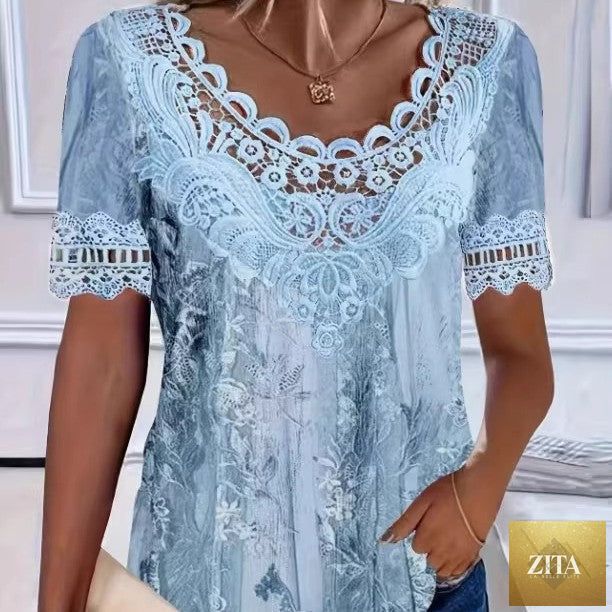 Women's lace patchwork crew neck short sleeve T-shirt by Zita La Belle Elite, showcasing lace details and casual fit.