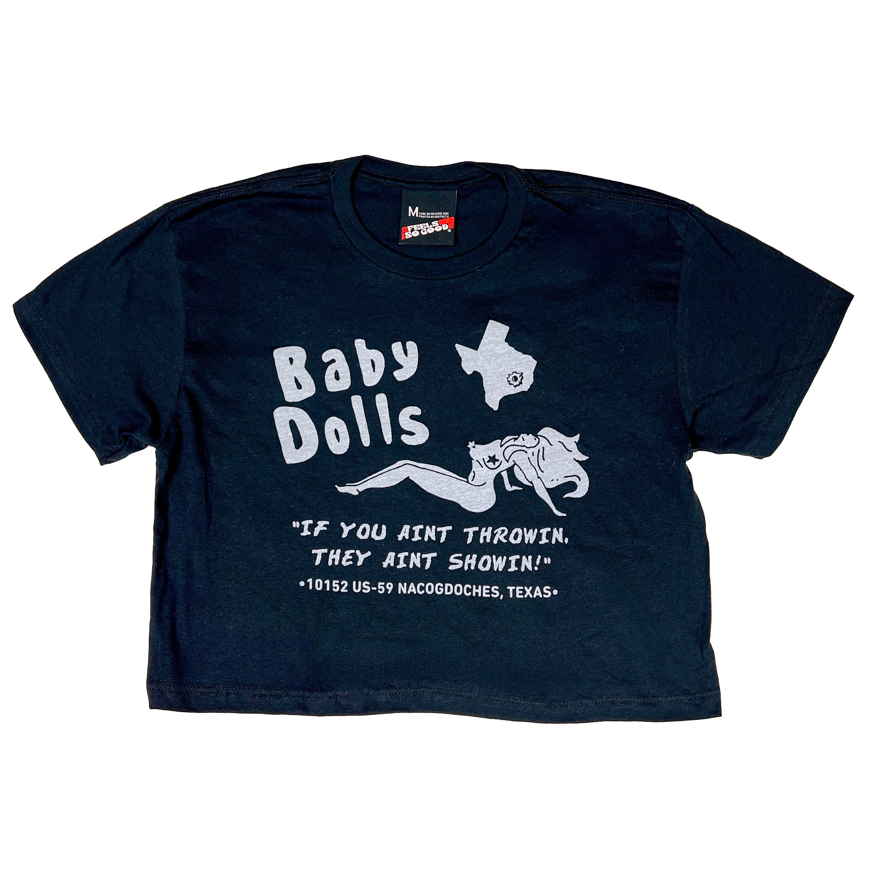 Feels So Good baby doll crop top T-shirt with playful design, lightweight cotton fabric, and casual fit for everyday wear.