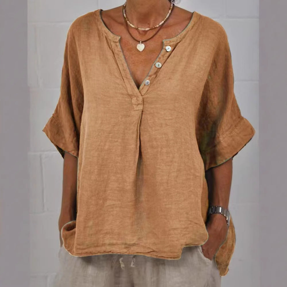 Women's Cotton Linen V-Neck Button-Up Shirt