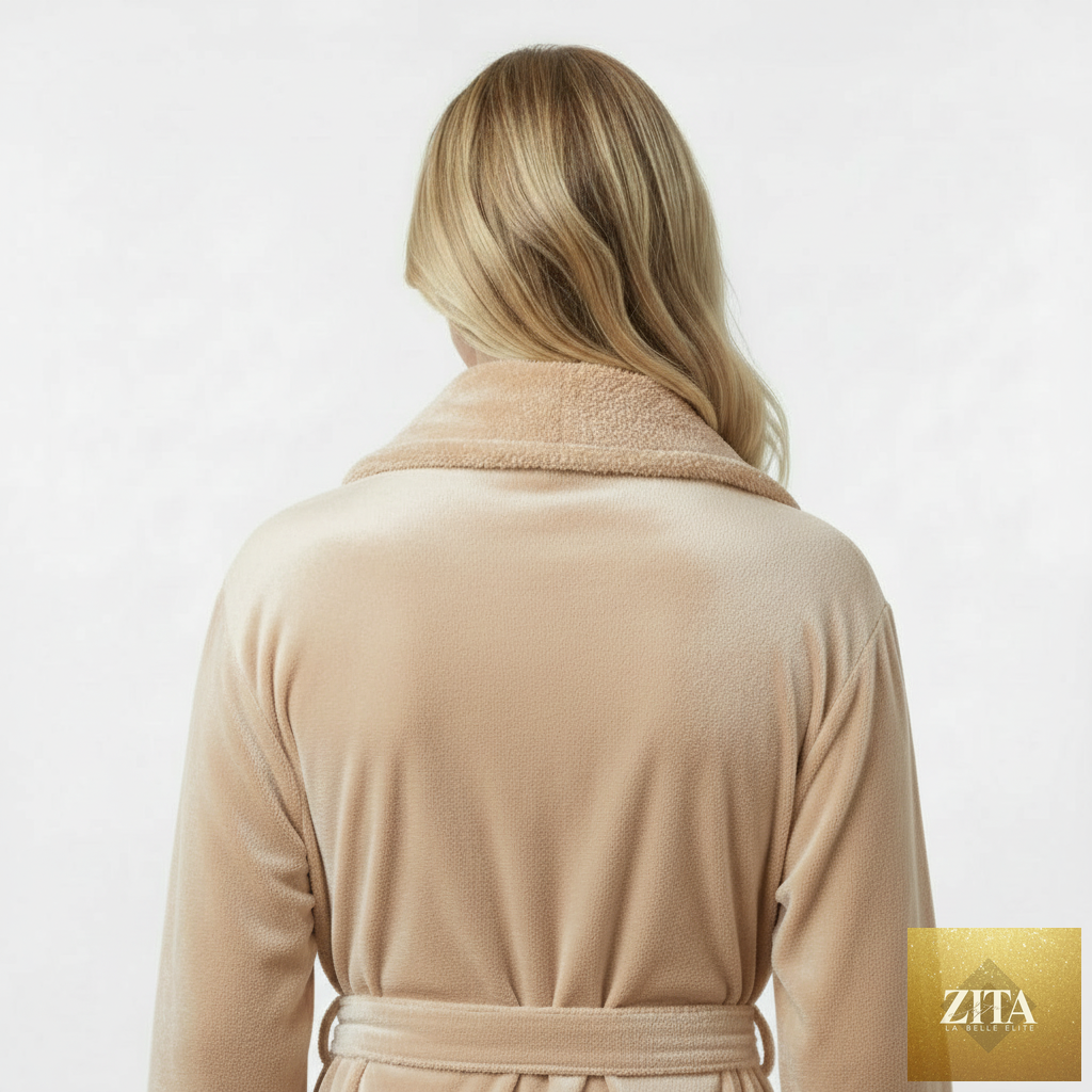 Back view of Lotus Linen women's ultra-soft plush beige bathrobe, showcasing cozy, plush fabric and relaxed fit.