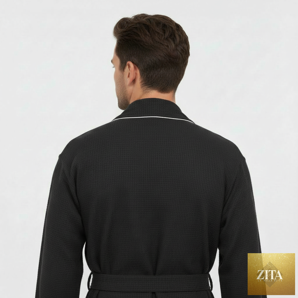 Back view of Lotus Linen men's premium waffle piping robe in small size, black with contrasting piping details.