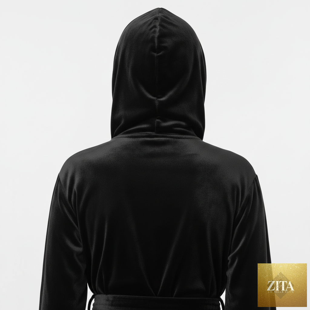 Black women's plush hooded robe by Lotus Linen, showing the back view with a cozy, spa-inspired design and soft fabric.