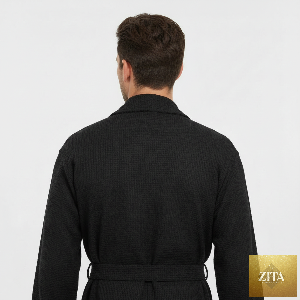 Black Lotus Linen waffle spa bathrobe for men, lightweight and absorbent, shown from the back with a small size fit.