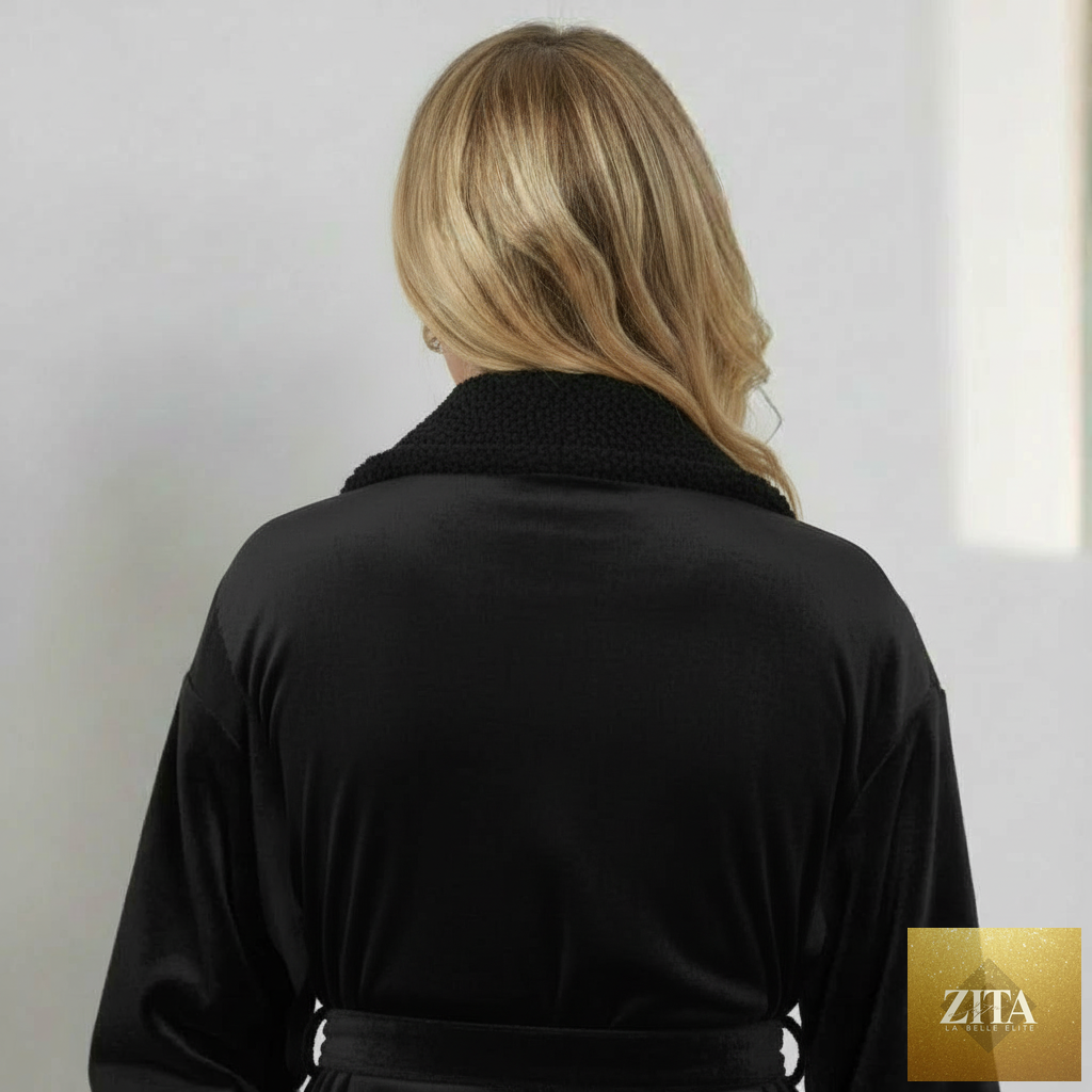 Women's black plush bathrobe from Lotus Linen, showcasing the soft, cozy back view with small size and plush fabric.